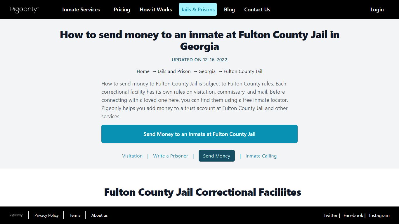 Send Money to Inmate Fulton County Jail, Georgia | Pigeonly
